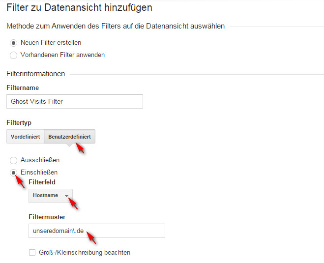 Google Analytics - Ghost Visits Filter Einstellungen